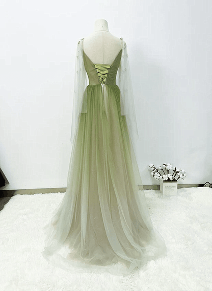 Beaira Green A-line Tulle Gradient Long Sleeves Party Dress Green A-line Long Prom Dress