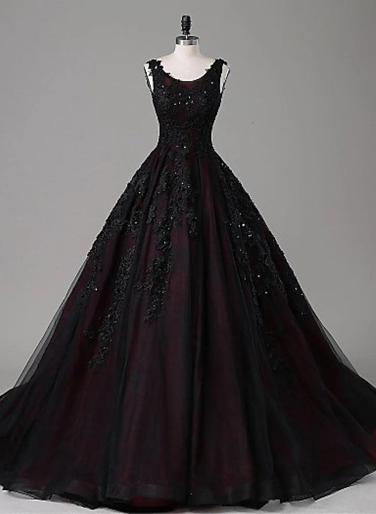 Beaira Black and Red Round Neckline Wedding Dress Black and Red Evening Gown