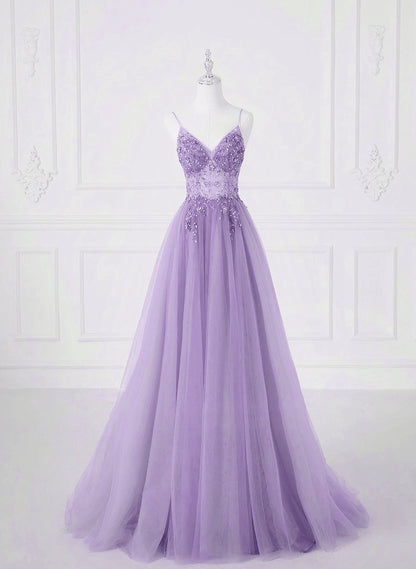 Beaira A-line Tulle Lavender Beaded Long Prom Dress Lavender Tulle Formal Dress prom dresses with long sleeves