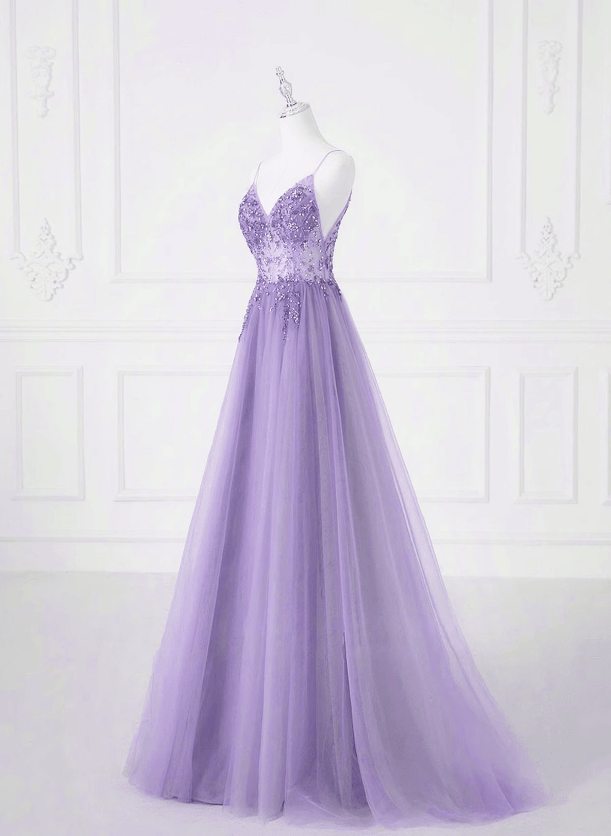 Beaira A-line Tulle Lavender Beaded Long Prom Dress Lavender Tulle Formal Dress prom dresses with long sleeves