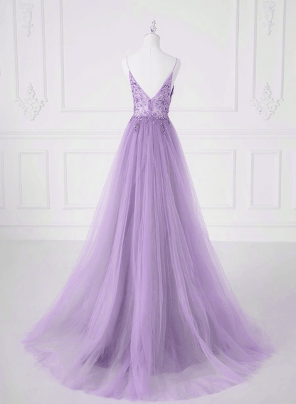 Beaira A-line Tulle Lavender Beaded Long Prom Dress Lavender Tulle Formal Dress prom dresses with long sleeves