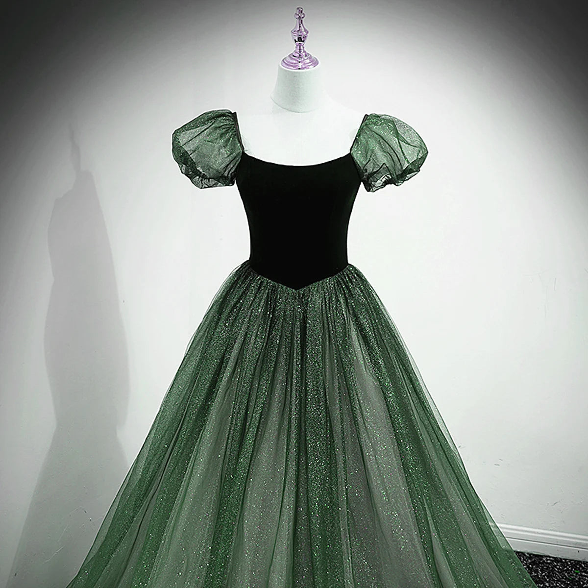 Beaira Lovely Green Tulle Long Formal Dress Green A-line Short Sleeves Party Dress prom dresses with long sleeves