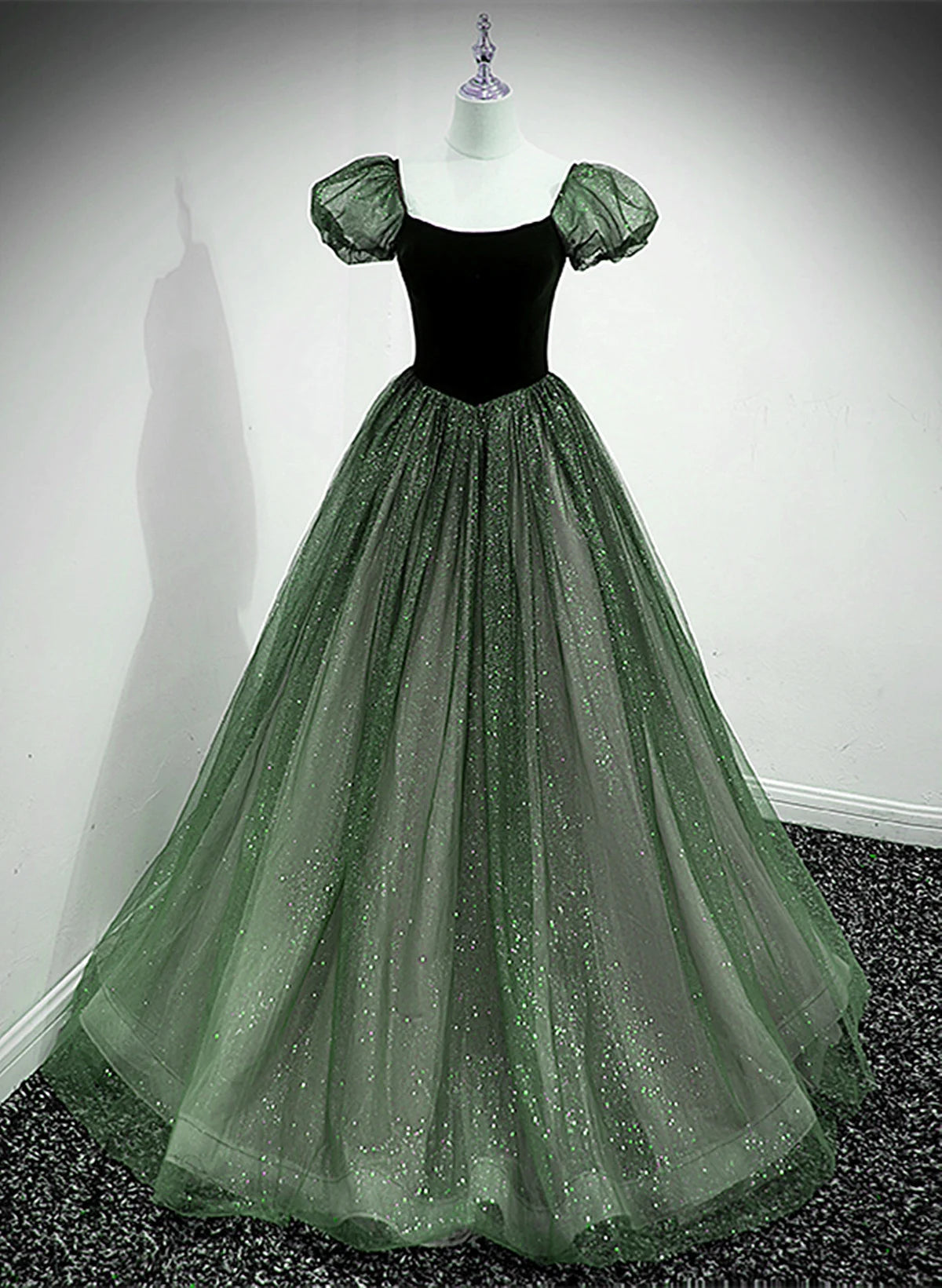 Beaira Lovely Green Tulle Long Formal Dress Green A-line Short Sleeves Party Dress prom dresses with long sleeves