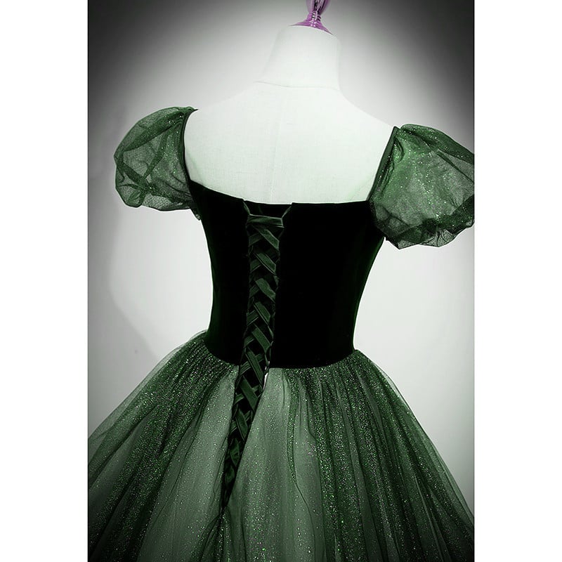 Beaira Lovely Green Tulle Long Formal Dress Green A-line Short Sleeves Party Dress prom dresses with long sleeves