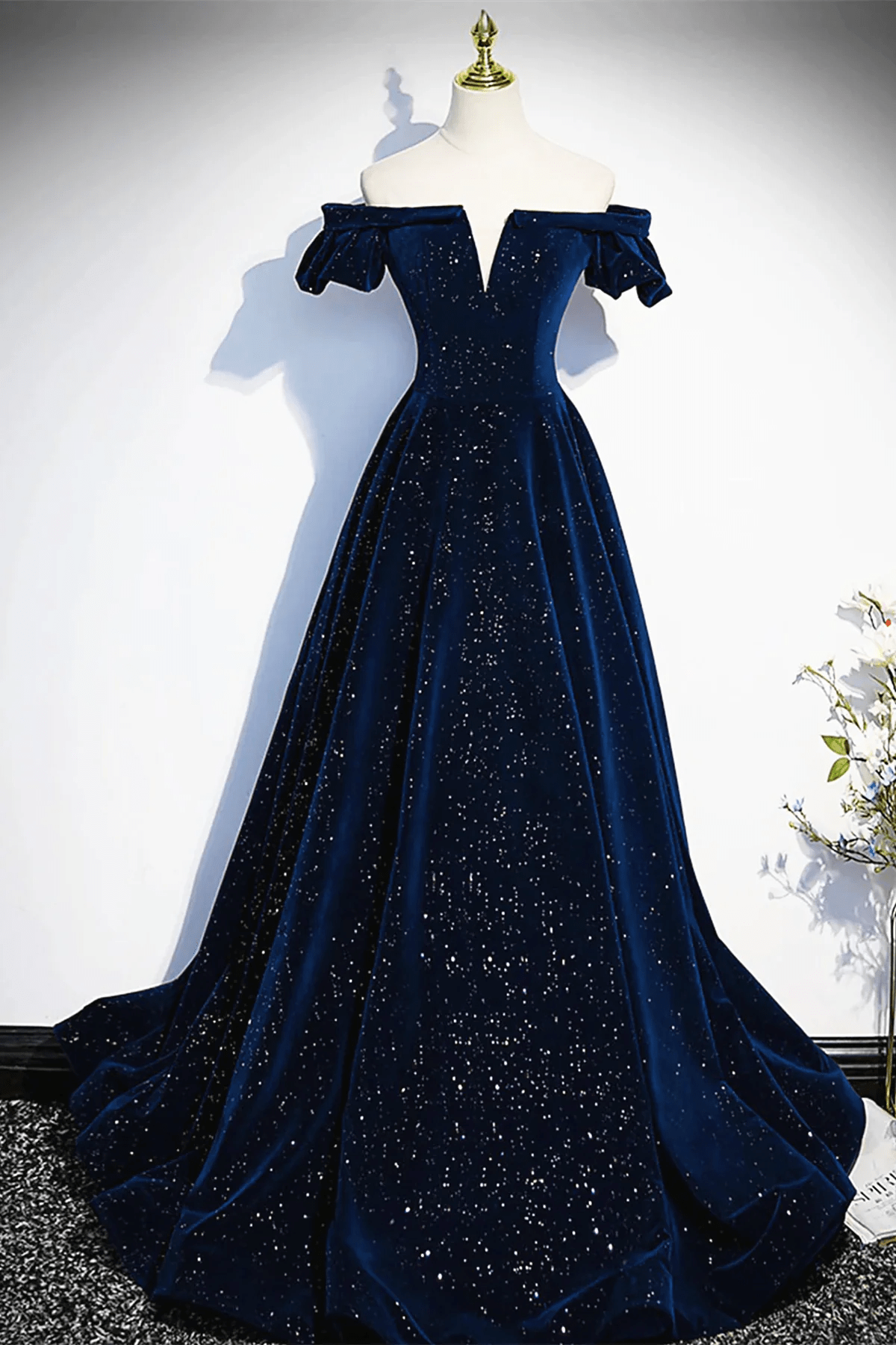 Beaira Dark Velvet A-line Navy Blue Long Prom Dress Navy Blue Long Formal Evening Dress prom dresses with long sleeves