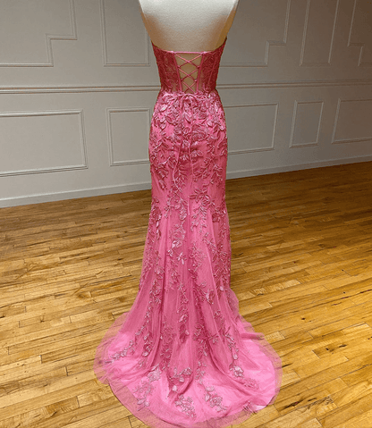 Beaira Pink Sweetheart Mermaid Long Party Dress with Lace Pink Long Formal Dress prom dresses with long sleeves