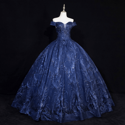 Beaira Blue Floral Tulle Ball Gown Sweet 16 Dress Blue Off Shoulder Long Formal Dress prom dresses with long sleeves