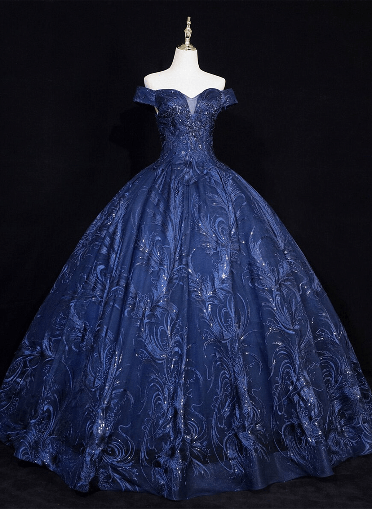 Beaira Blue Floral Tulle Ball Gown Sweet 16 Dress Blue Off Shoulder Long Formal Dress prom dresses with long sleeves