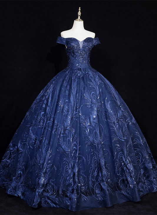 Beaira Blue Floral Tulle Ball Gown Sweet 16 Dress Blue Off Shoulder Long Formal Dress prom dresses with long sleeves