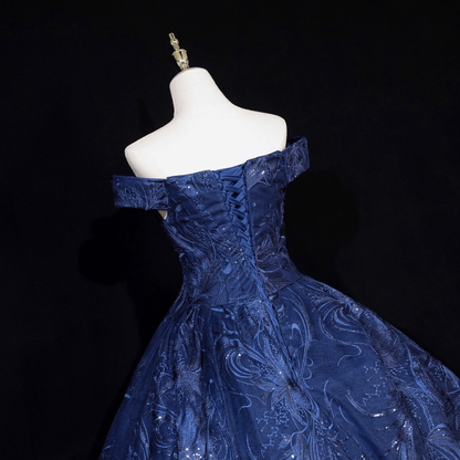 Beaira Blue Floral Tulle Ball Gown Sweet 16 Dress Blue Off Shoulder Long Formal Dress prom dresses with long sleeves