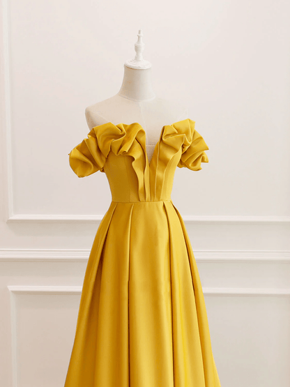 Beaira Yellow Satin Off Shoulder Long Party Dress A-line Yellow Sweetheart Prom Dress prom dresses with long sleeves