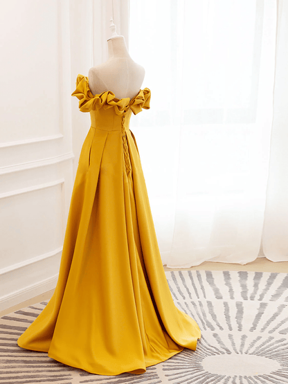 Beaira Yellow Satin Off Shoulder Long Party Dress A-line Yellow Sweetheart Prom Dress prom dresses with long sleeves