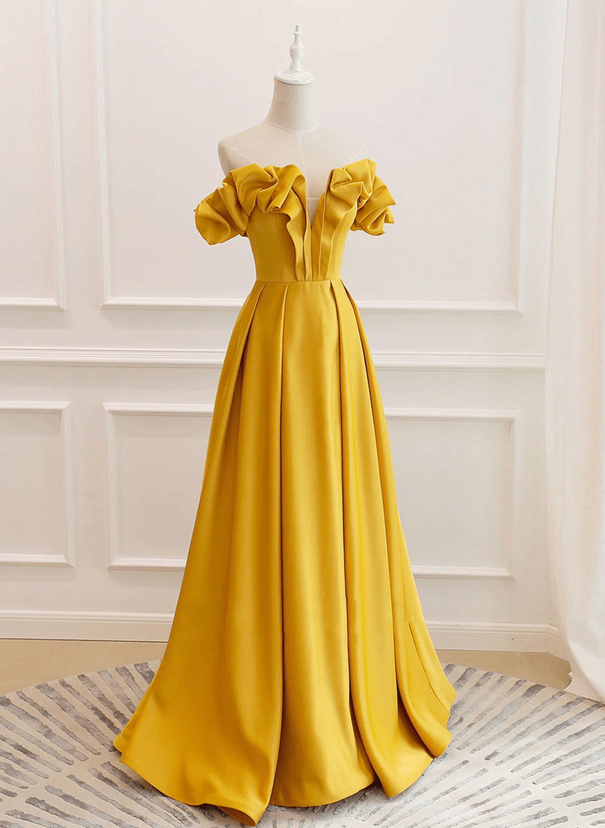 Beaira Yellow Satin Off Shoulder Long Party Dress A-line Yellow Sweetheart Prom Dress prom dresses with long sleeves