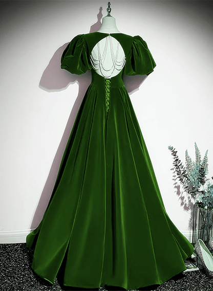 Beaira A-line Velvet Backless Long Evening Dress Green Short Sleeves Formal Dress Prom Dress prom dresses with long sleeves