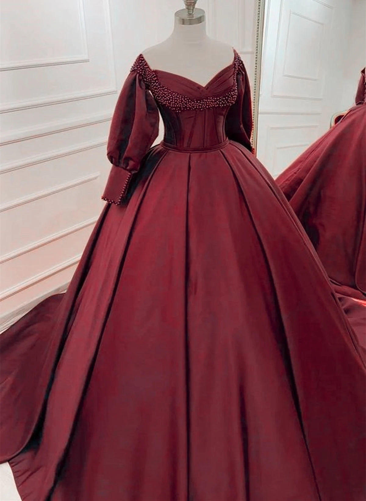 Beaira Wine Red Satin Beaded Puffy Sleeves Long Party Dress Wine Red Sweet 16 Dress prom dresses with long sleeves