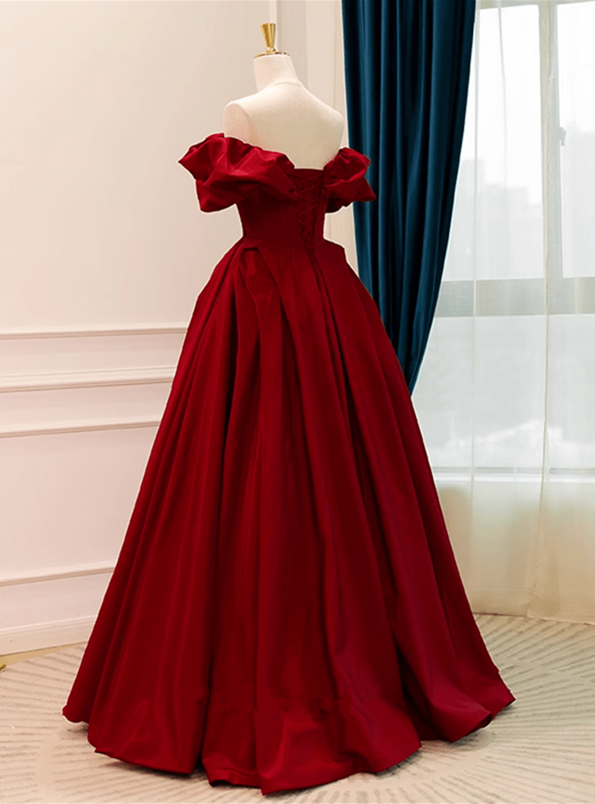 Beaira Lovely Satin Off Shoulder Long Party Dress Wine Red Sweetheart Prom Dress prom dresses with long sleeves