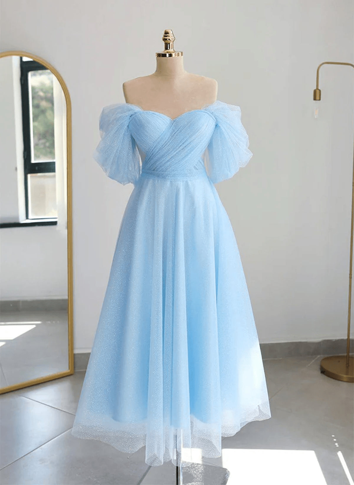 Beaira Light Blue Tulle Sweetheart Tea Length Dress Light Blue Prom Dress Party Dress prom dresses with long sleeves