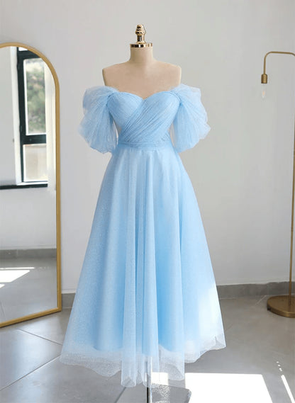 Beaira Light Blue Tulle Sweetheart Tea Length Dress Light Blue Prom Dress Party Dress prom dresses with long sleeves