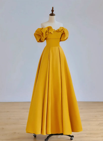 Beaira Yellow Satin A-line Off Shoulder Sweetheart Party Dress Yellow Floor Length Prom Dress prom dresses with long sleeves