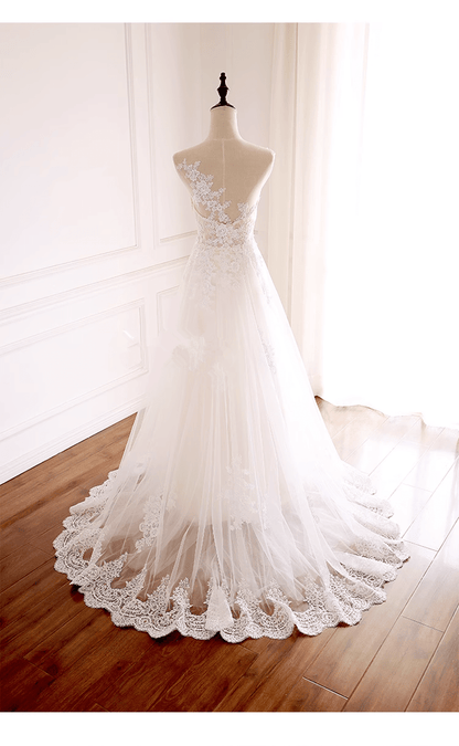 Beaira Beautiful White Tulle with Lace Round Neckline Long Party Dress White Tulle Wedding Dress prom dresses with long sleeves