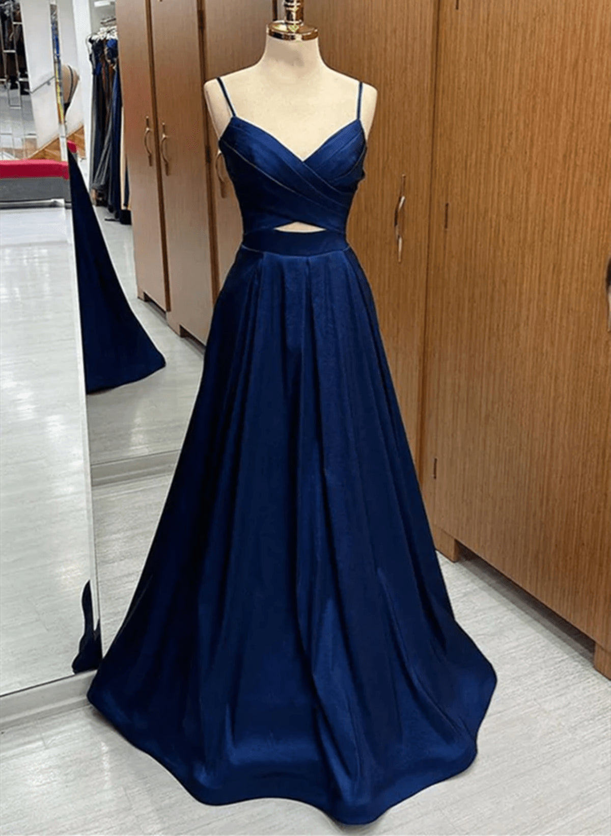 Beaira Navy Blue Satin A-line Straps V-neckline Party Dress Navy Blue Formal Dress prom dresses with long sleeves