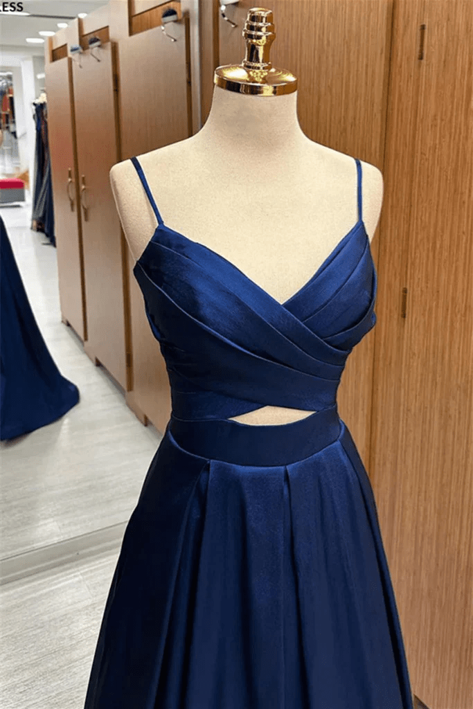 Beaira Navy Blue Satin A-line Straps V-neckline Party Dress Navy Blue Formal Dress prom dresses with long sleeves