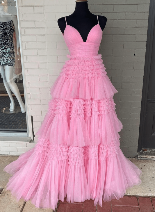 Beaira Pretty V-Neck Pink Layers Tulle Long Party Dress A-Line Spaghetti Strap Evening Dress prom dress with long sleeves