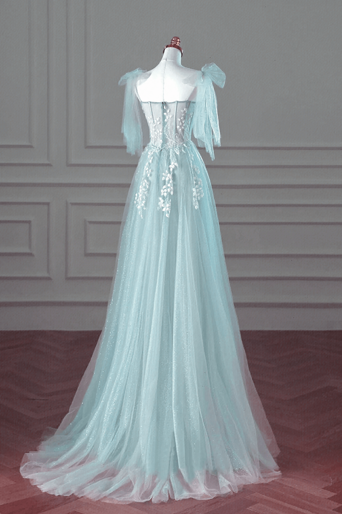 Beaira Lovely Mint Blue Tulle with Lace Applique Long Formal Dress Mint Blue Prom Dress prom dress with long sleeves