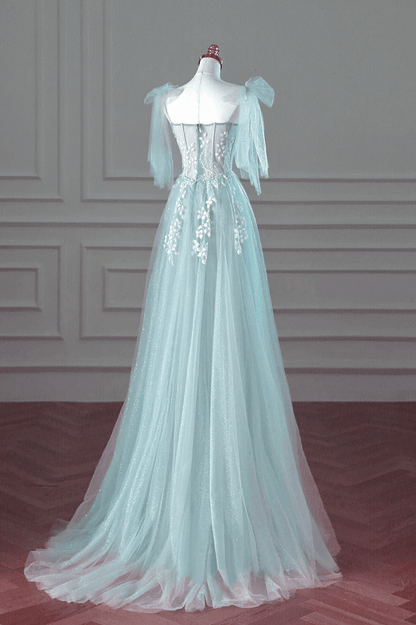 Beaira Lovely Mint Blue Tulle with Lace Applique Long Formal Dress Mint Blue Prom Dress prom dress with long sleeves