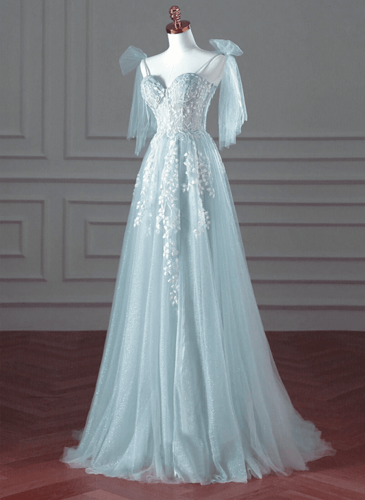 Beaira Lovely Mint Blue Tulle with Lace Applique Long Formal Dress Mint Blue Prom Dress prom dress with long sleeves