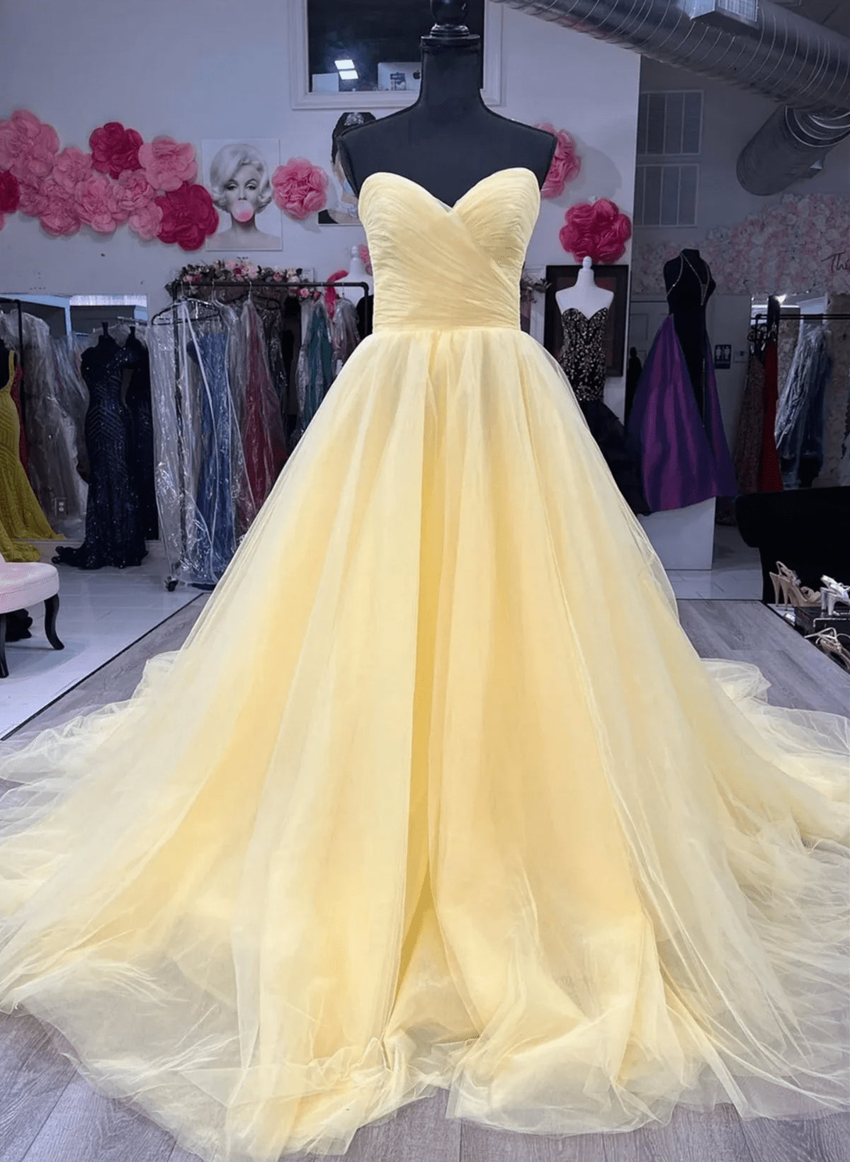 Beaira Light Yellow Tulle Strapless Long Party Dress Sweetheart A-line Long Prom Dress prom dress with long sleeves