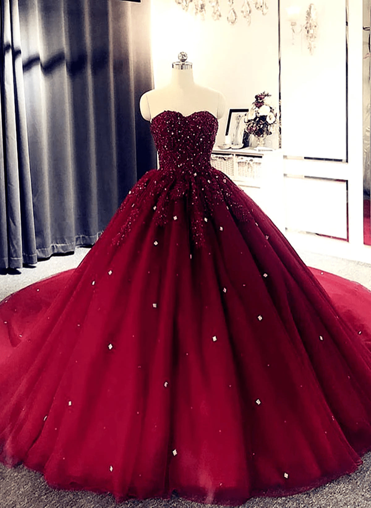 Beaira Wine Red Beaded Sweetheart Ball Gown Party Dress Wine Red Long Prom Dress prom dress with long sleeves