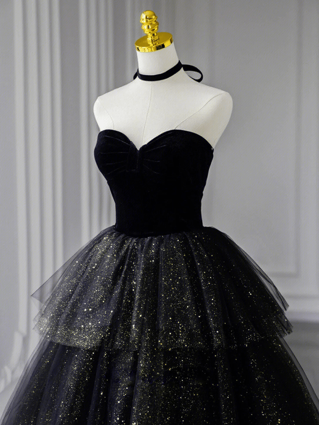 Beaira Black Sweetheart Neck Tulle Sequins Layers Long Prom Dress Black Formal Dress long prom dresses with sleeves