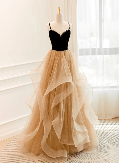 Beaira A-line Black and Champagne Tulle Beaded Party Dress V-neckline Long Prom Dress long prom dresses with sleeves