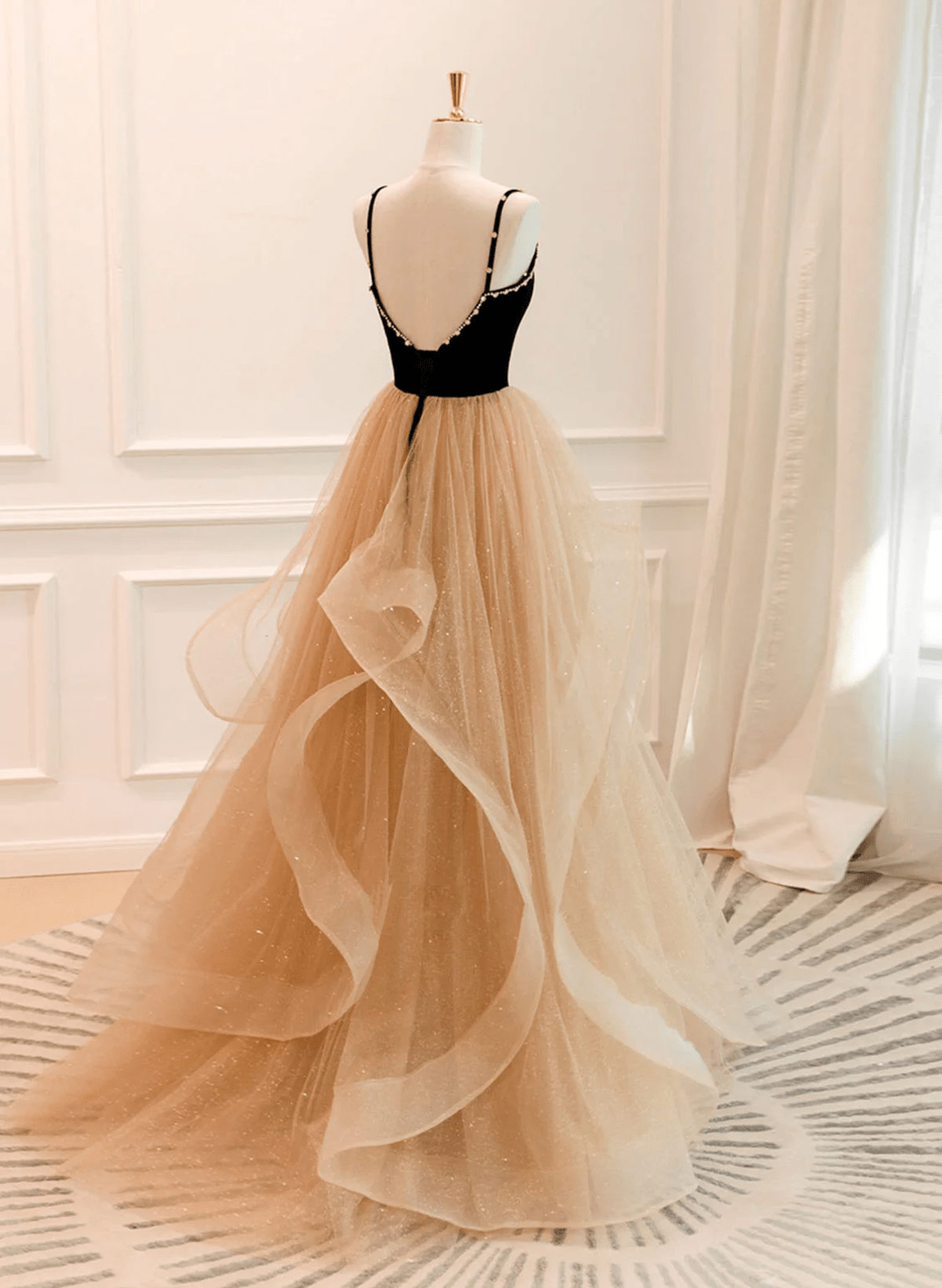 Beaira A-line Black and Champagne Tulle Beaded Party Dress V-neckline Long Prom Dress long prom dresses with sleeves