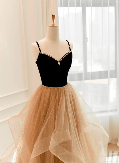 Beaira A-line Black and Champagne Tulle Beaded Party Dress V-neckline Long Prom Dress long prom dresses with sleeves