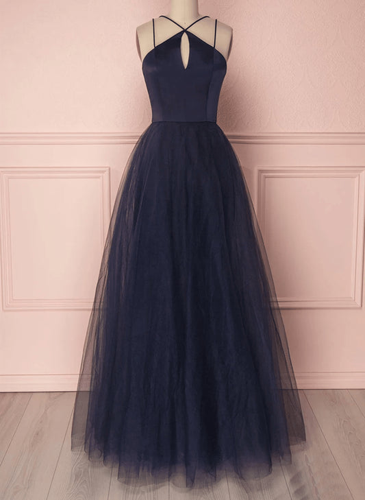 Beaira A-line Tulle Navy Blue Long Straps Prom Dress Navy Blue Tulle Long Evening Dress long prom dresses with sleeves