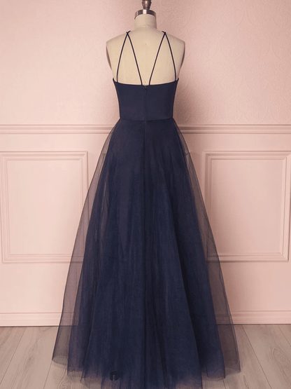 Beaira A-line Tulle Navy Blue Long Straps Prom Dress Navy Blue Tulle Long Evening Dress long prom dresses with sleeves