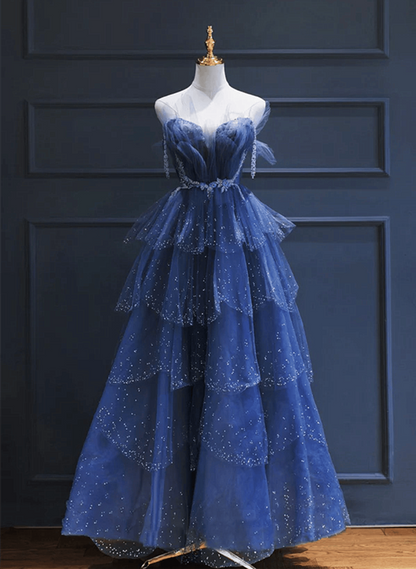 Beaira Blue Beaded Layers Tulle Straps Long Party Dress Blue A-line Prom Dress prom dresses stores