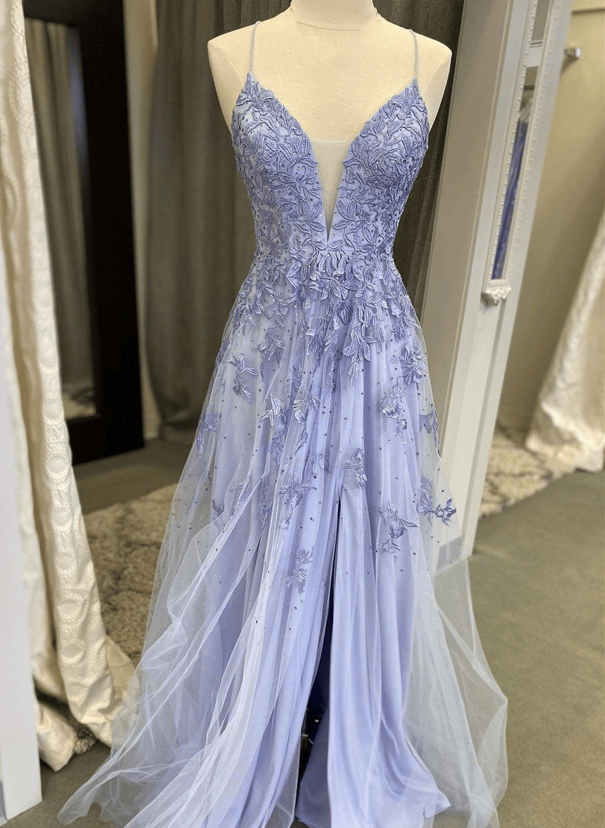 Beaira Lavender Tulle V-neckline with Lace Applique Party Dress A-line Long Prom Dress prom dresses stores