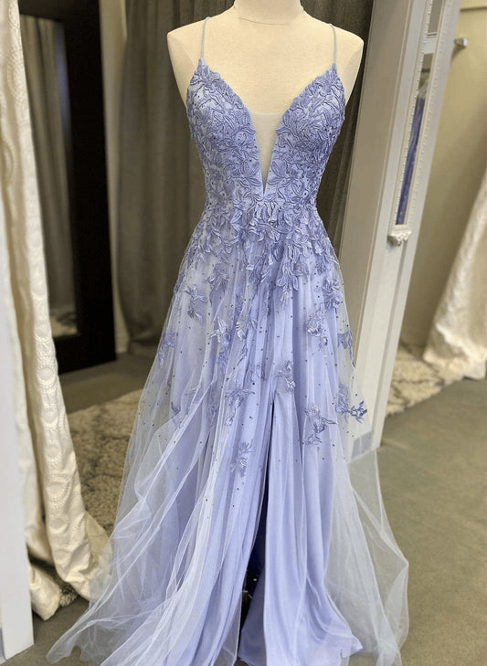 Beaira Lavender Tulle V-neckline with Lace Applique Party Dress A-line Long Prom Dress prom dresses stores