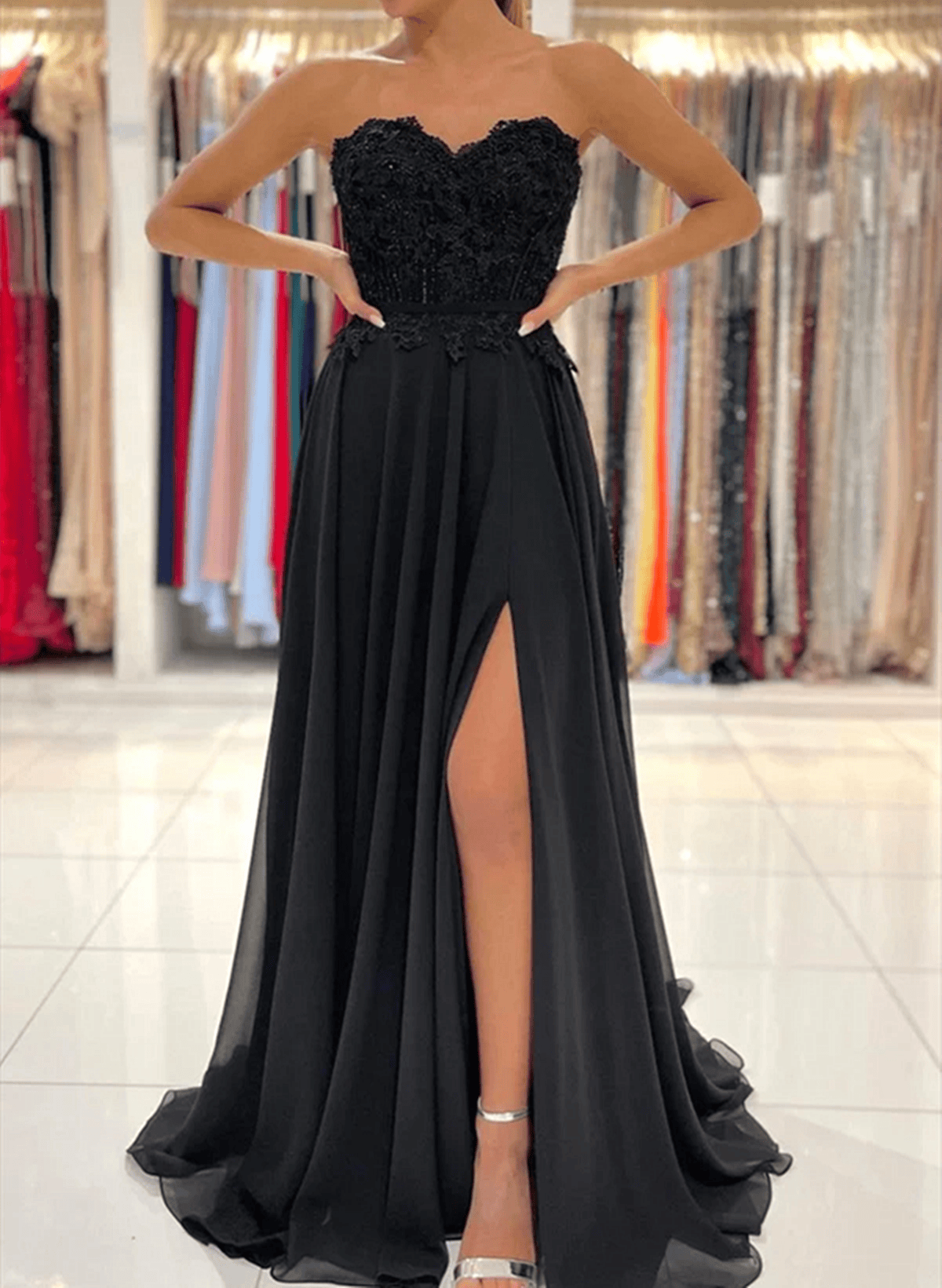 Beaira Black Chiffon Sweetheart with Lace Long Party Dress Black Wedding Party Dress