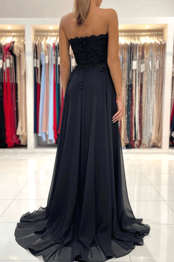 Beaira Black Chiffon Sweetheart with Lace Long Party Dress Black Wedding Party Dress