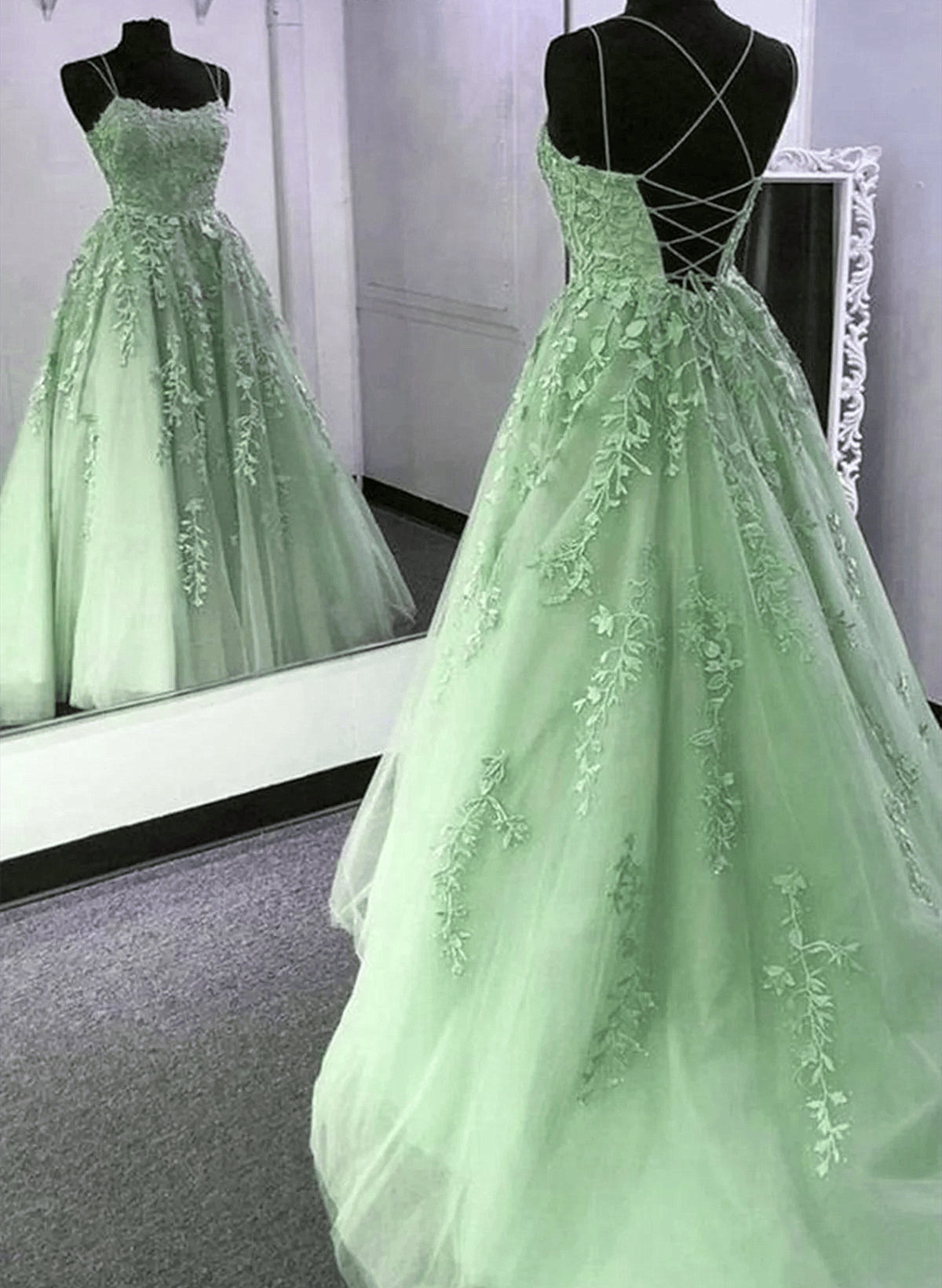 Beaira Green Tulle with Lace Cross Back Long Party Dress Green Long Prom Dress