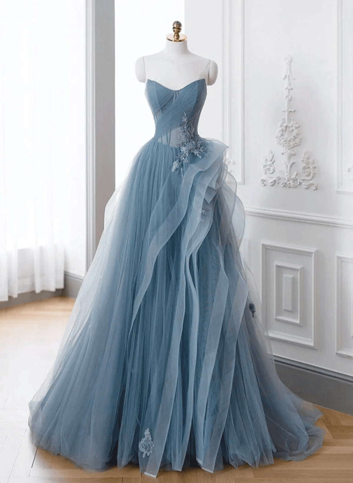 Beaira Blue Off Shoulder Tulle with Lace Long Party Dress Blue A-line Prom Dress