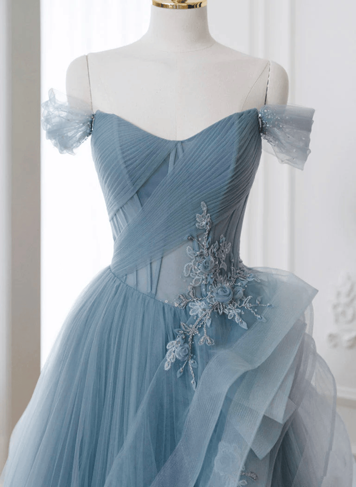 Beaira Blue Off Shoulder Tulle with Lace Long Party Dress Blue A-line Prom Dress