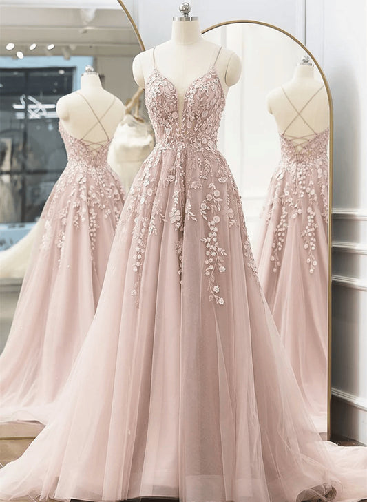 Beaira Pink Tulle V-neckline Straps with Lace Party Dress Pink Tulle Prom Dress