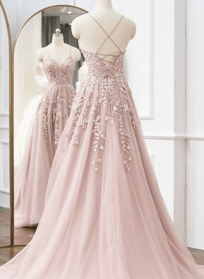 Beaira Pink Tulle V-neckline Straps with Lace Party Dress Pink Tulle Prom Dress