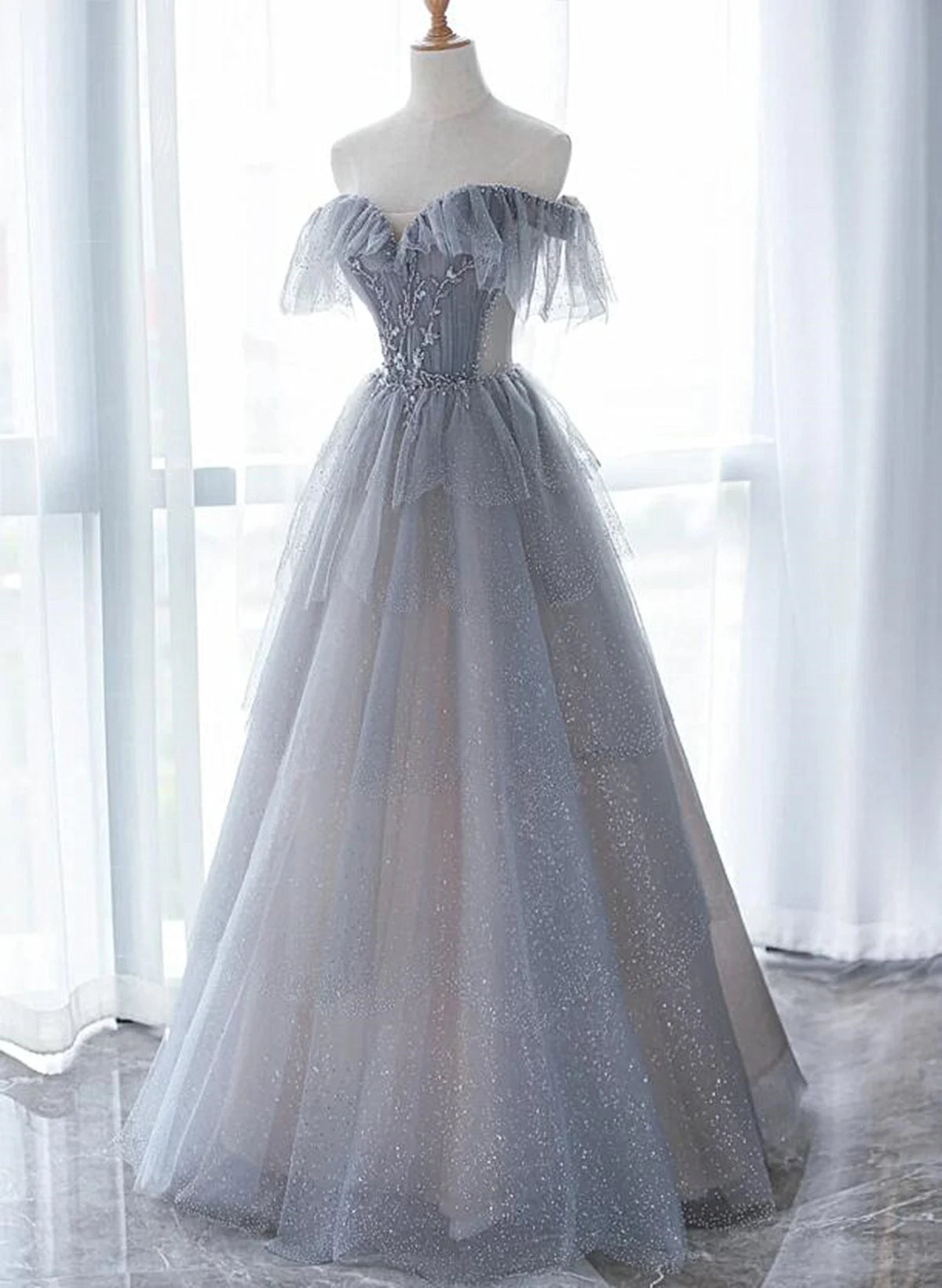 Beaira Grey Beaded Layers Tulle Long Formal Dress Grey Off Shoulder Evening Dress