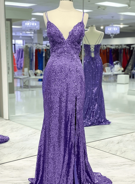 Beaira Purple Sequins Mermaid Straps Long Formal Dress Mermaid Sequins Prom Dress